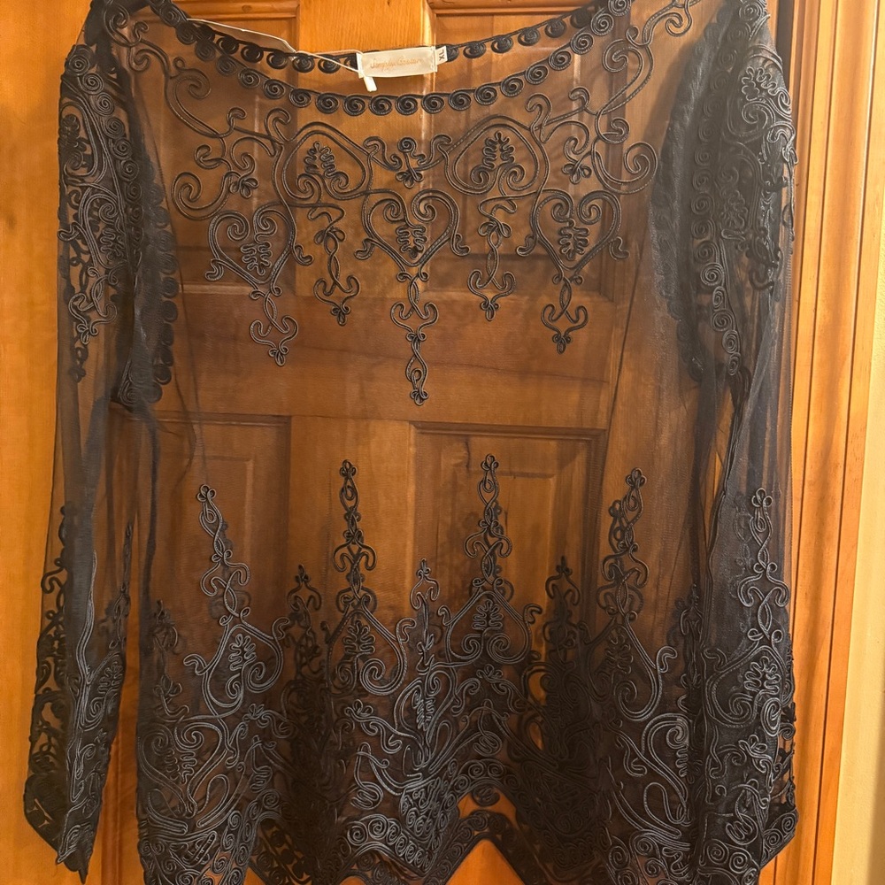Sheer Embroidered Black Long-Sleeve Top - Picture 12 of 16